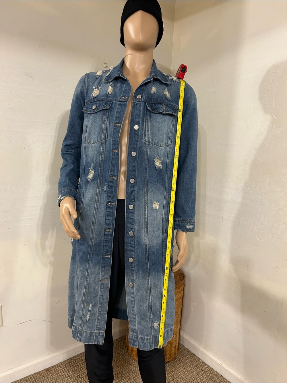 Long Distressed Denim Trench Coat - Blue
